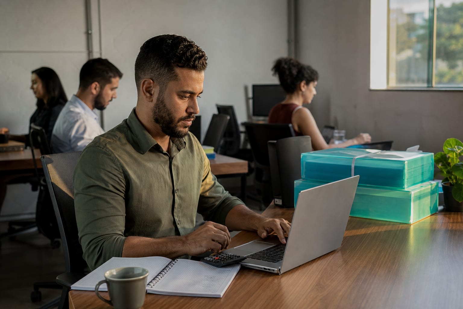 Consultor montando uma proposta no notebook, com calculadora e caderno de anotações sobre a mesa